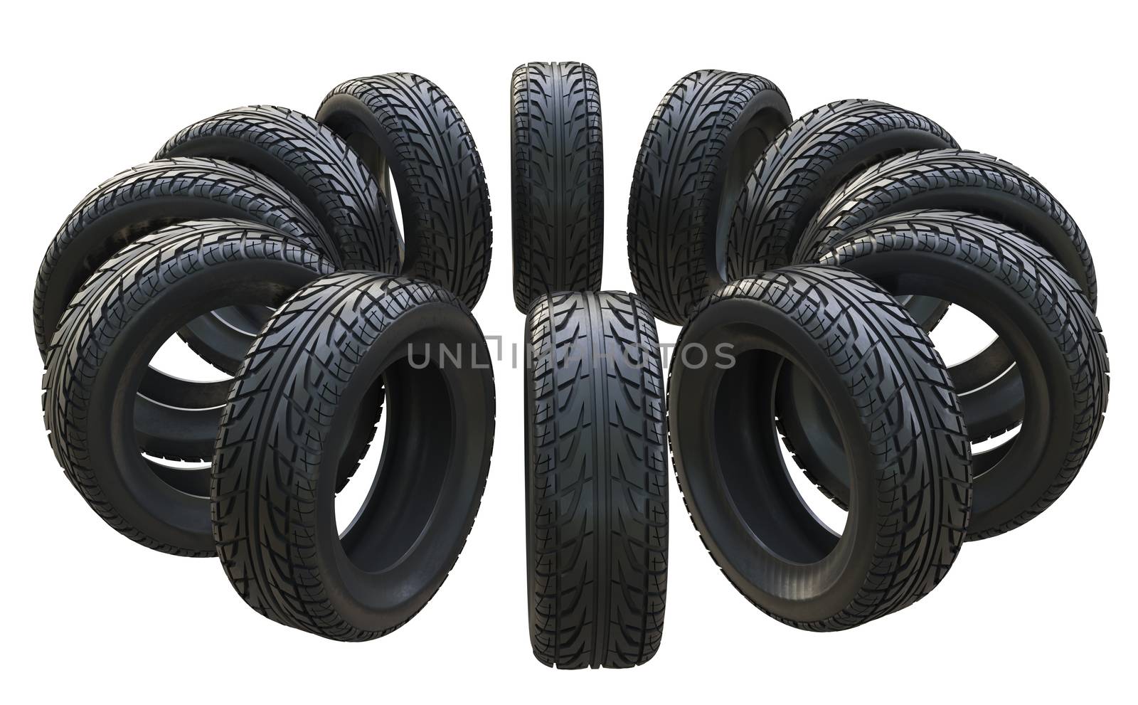 Group black tires, isolated on white background. 3d illustration