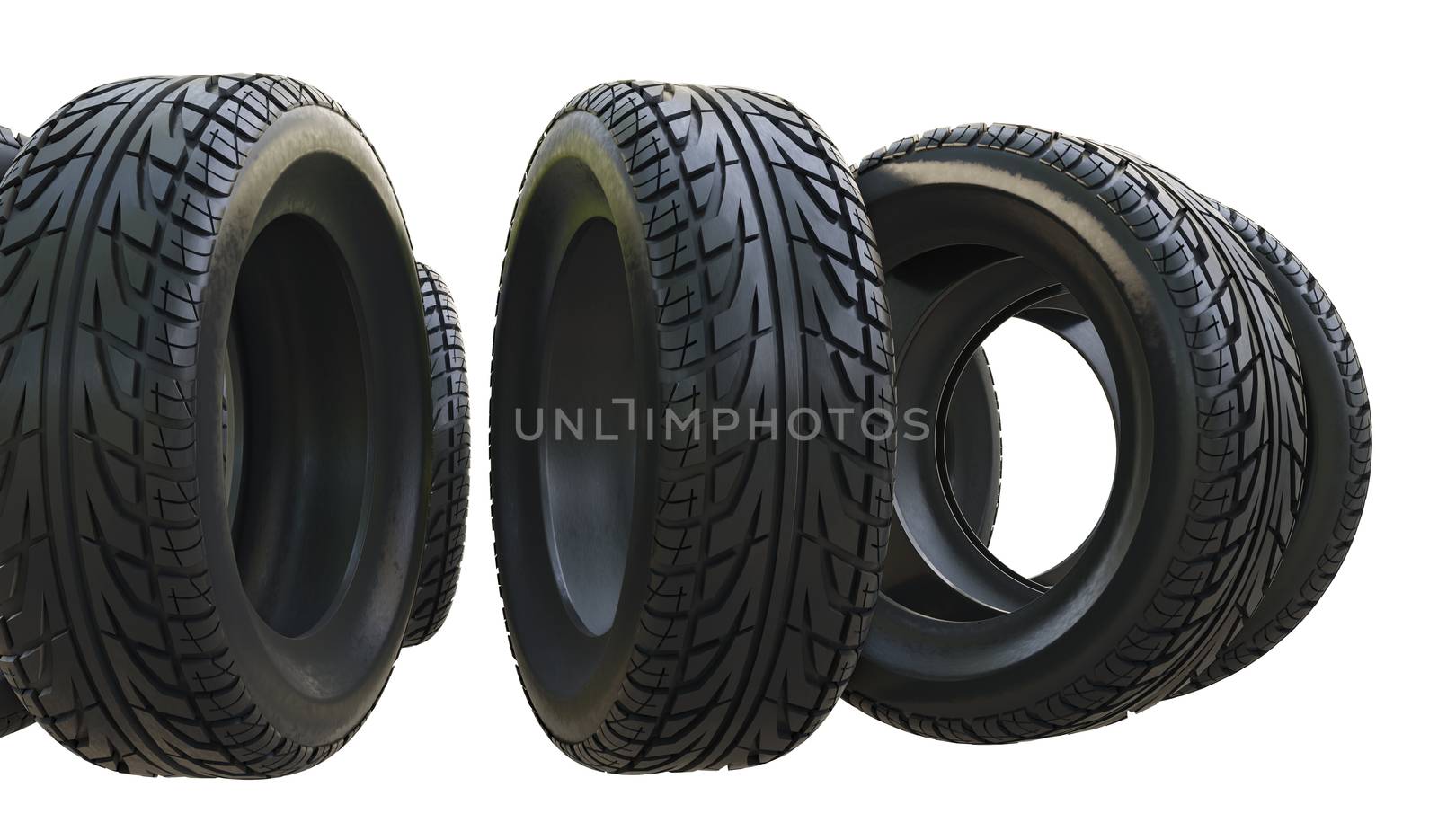 Group black tires, isolated on white background. 3d illustration