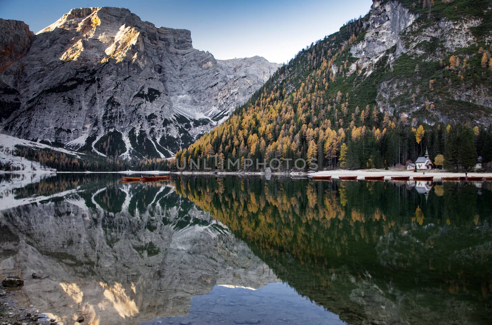 lago di Braies in Dolomites mountains, Sudtirol, Italy