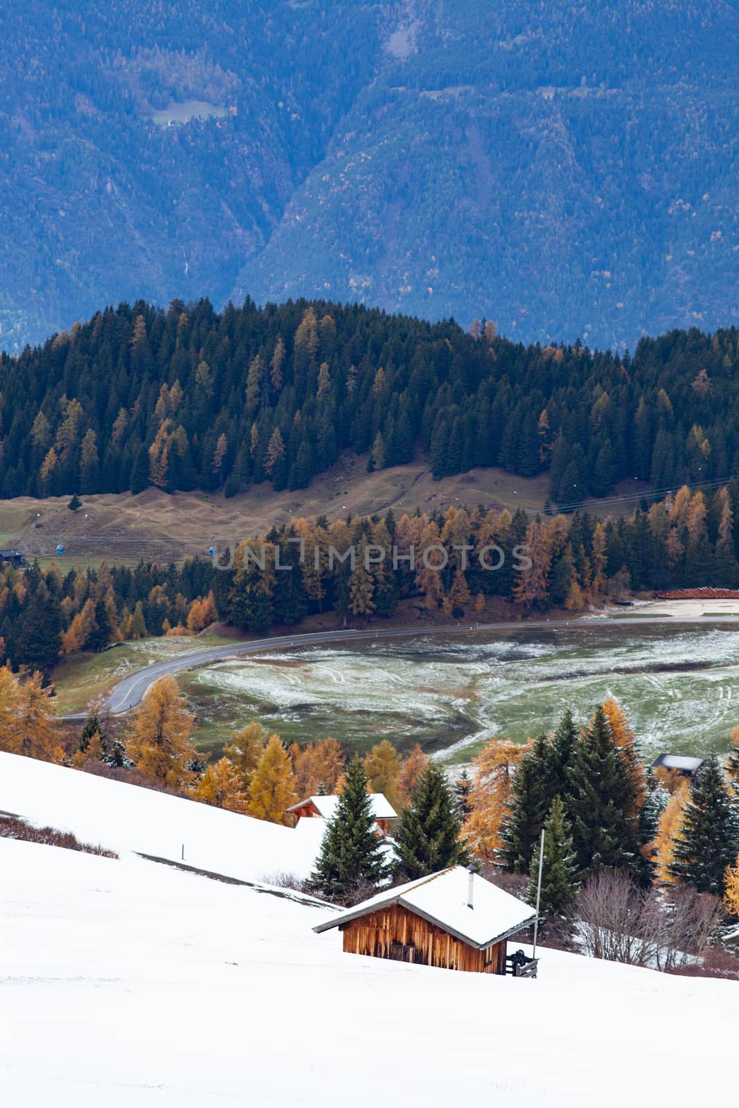 snowy early winter landscape in Alpe di Siusi.  Dolomites,  Italy - winter holidays destination 