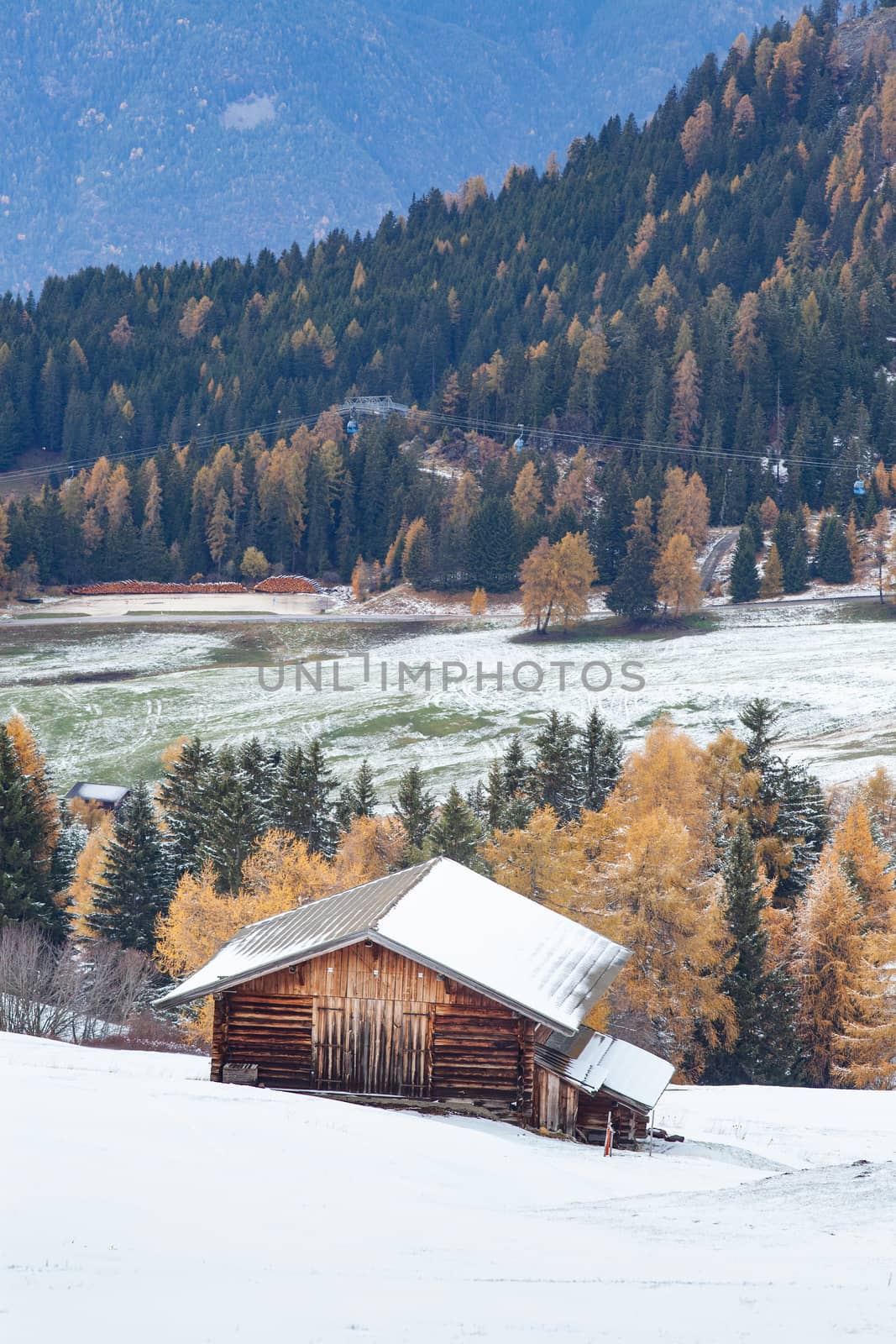 snowy early winter landscape in Alpe di Siusi.  Dolomites,  Italy - winter holidays destination 