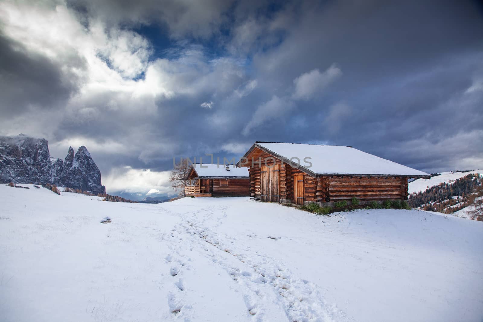 snowy early winter landscape in Alpe di Siusi.  Dolomites,  Italy - winter holidays destination 