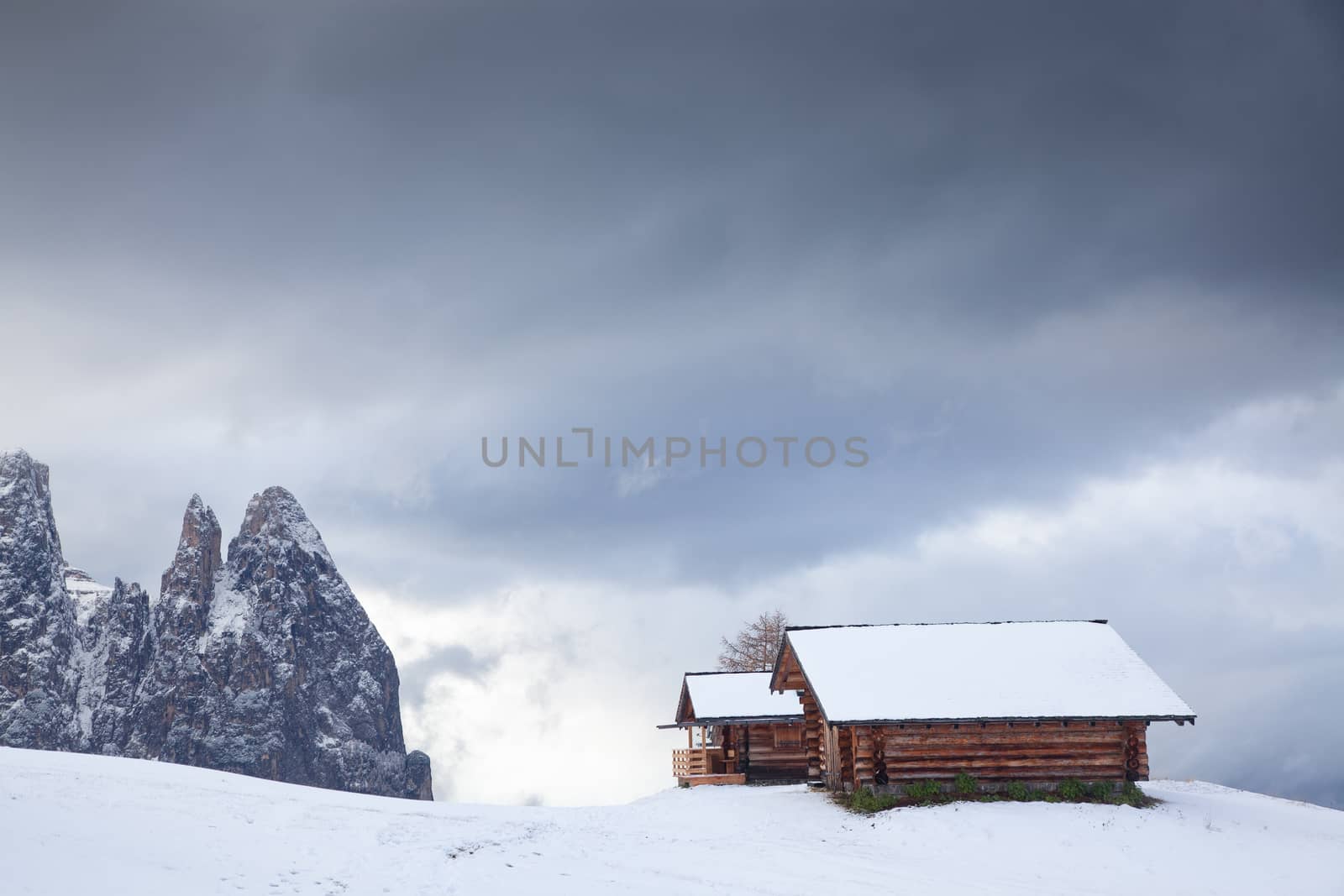 snowy early winter landscape in Alpe di Siusi.  Dolomites,  Italy - winter holidays destination 