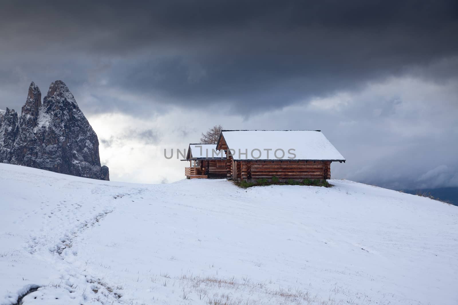 snowy early winter landscape in Alpe di Siusi.  Dolomites,  Italy - winter holidays destination 