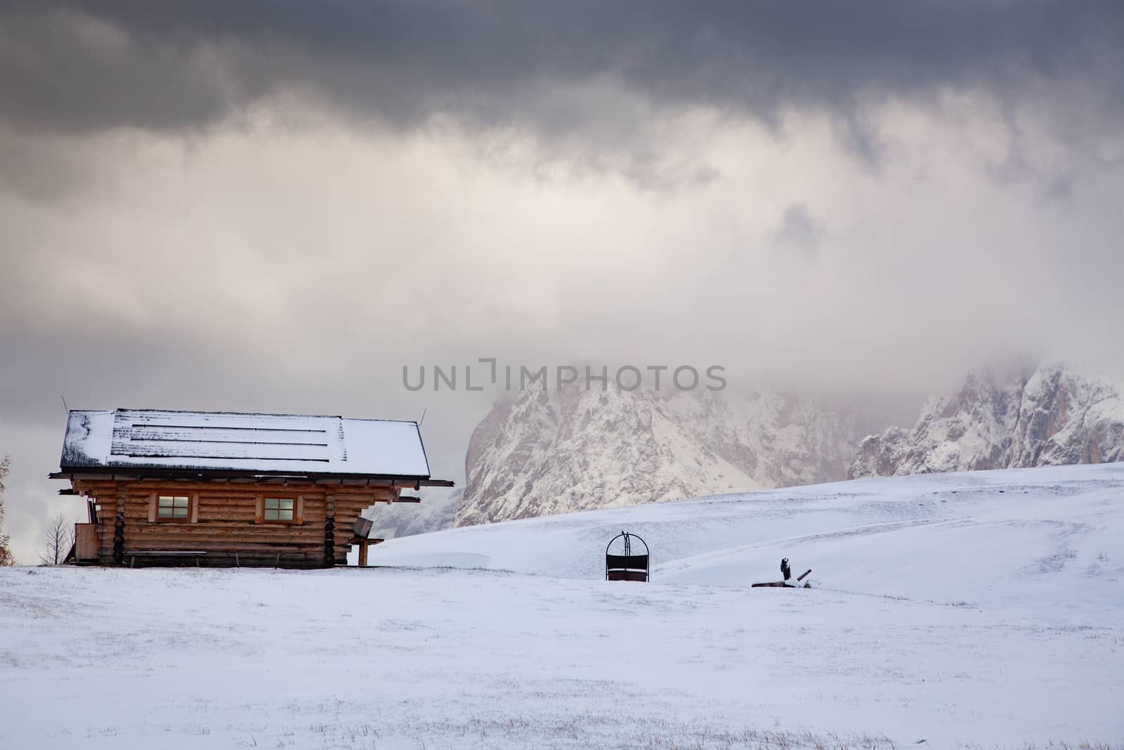 snowy early winter landscape in Alpe di Siusi.  Dolomites,  Italy - winter holidays destination 