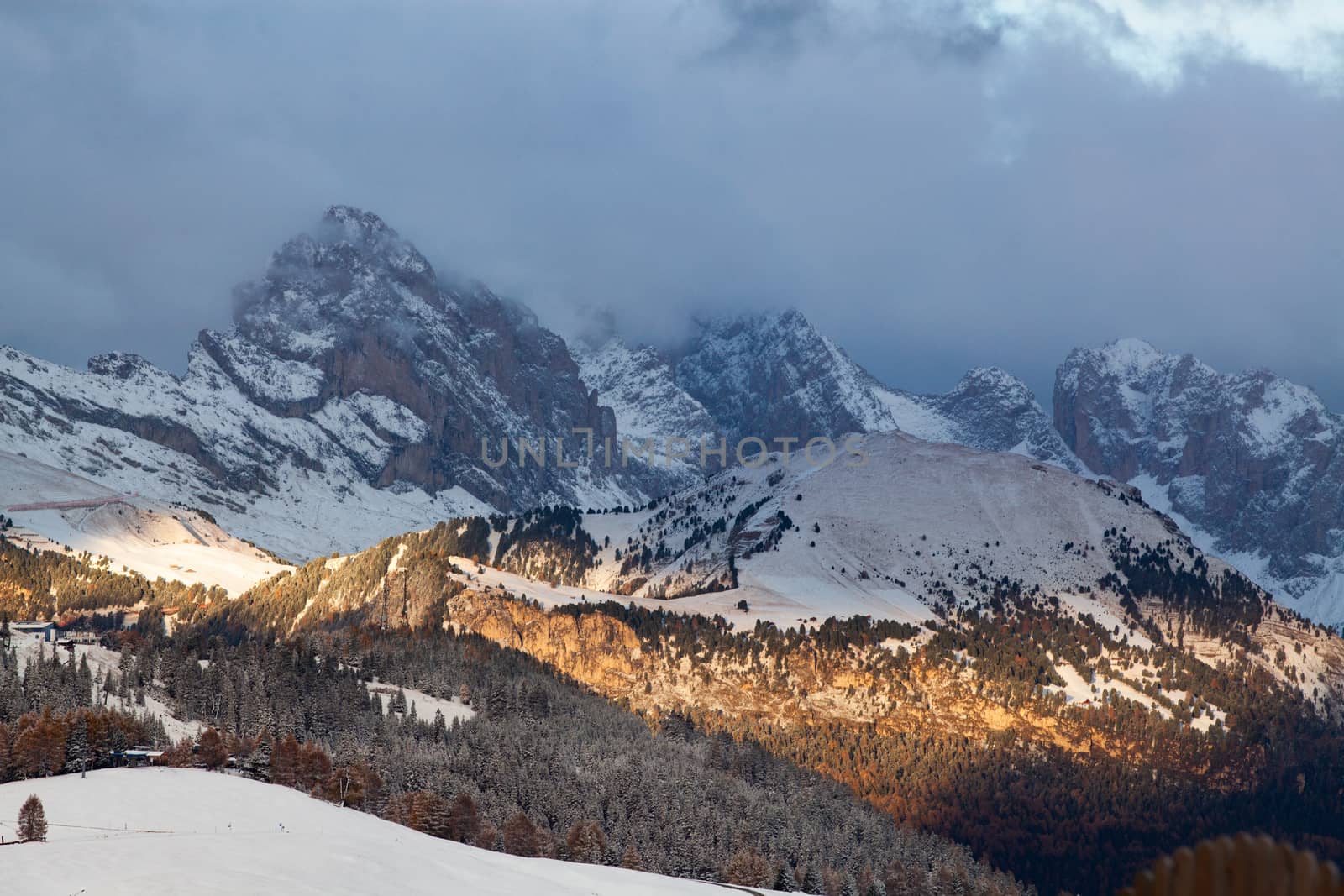 snowy early winter landscape in Alpe di Siusi.  Dolomites,  Italy - winter holidays destination 