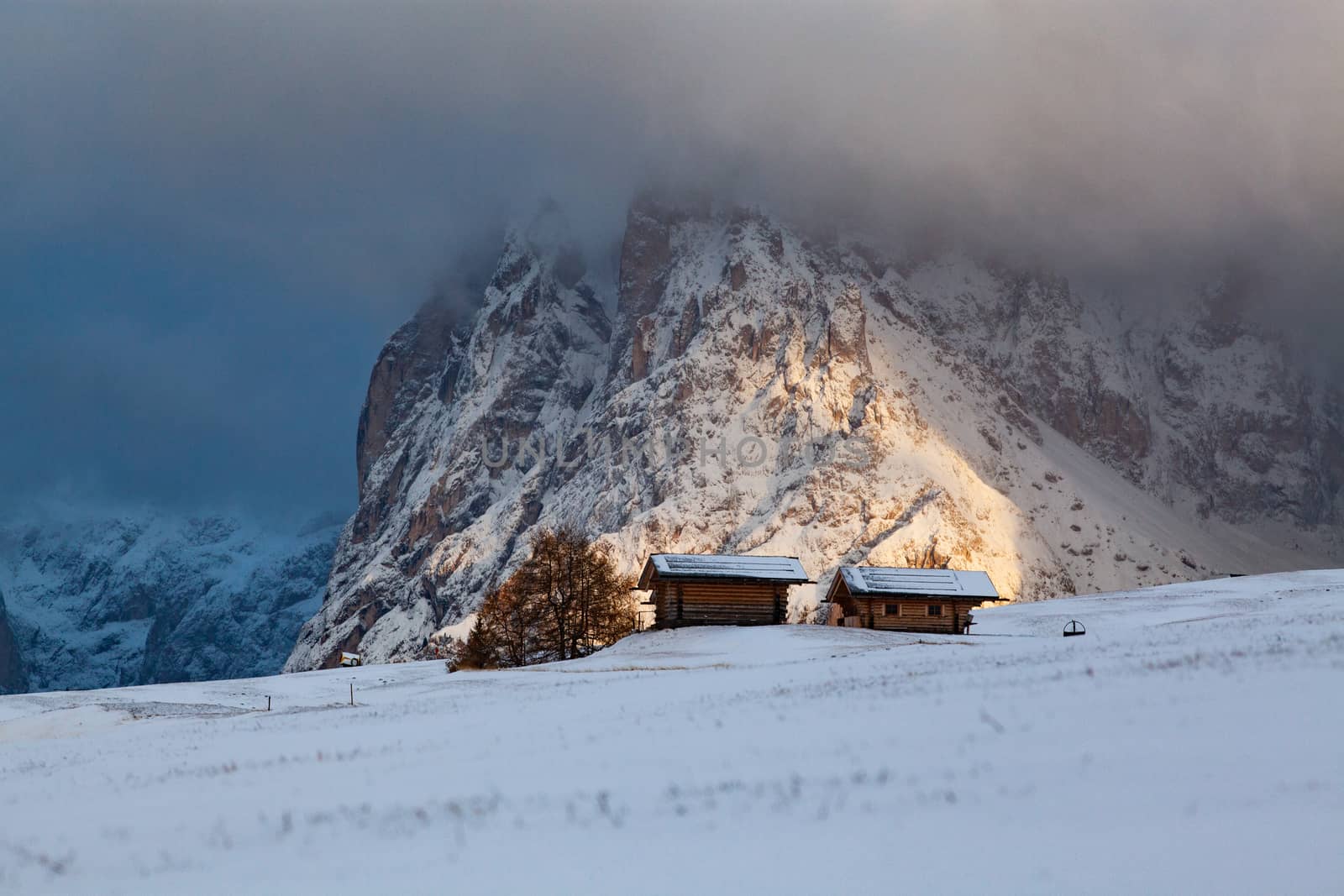 snowy early winter landscape in Alpe di Siusi.  Dolomites,  Ital by melis