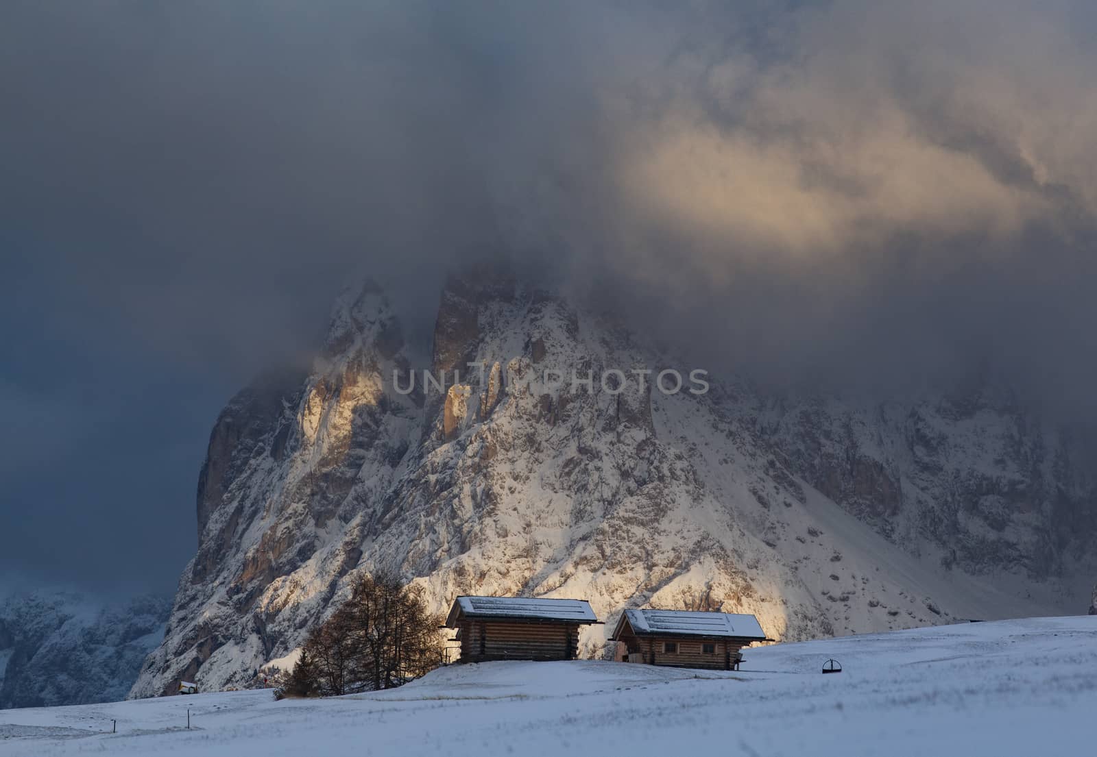 snowy early winter landscape in Alpe di Siusi.  Dolomites,  Italy - winter holidays destination 