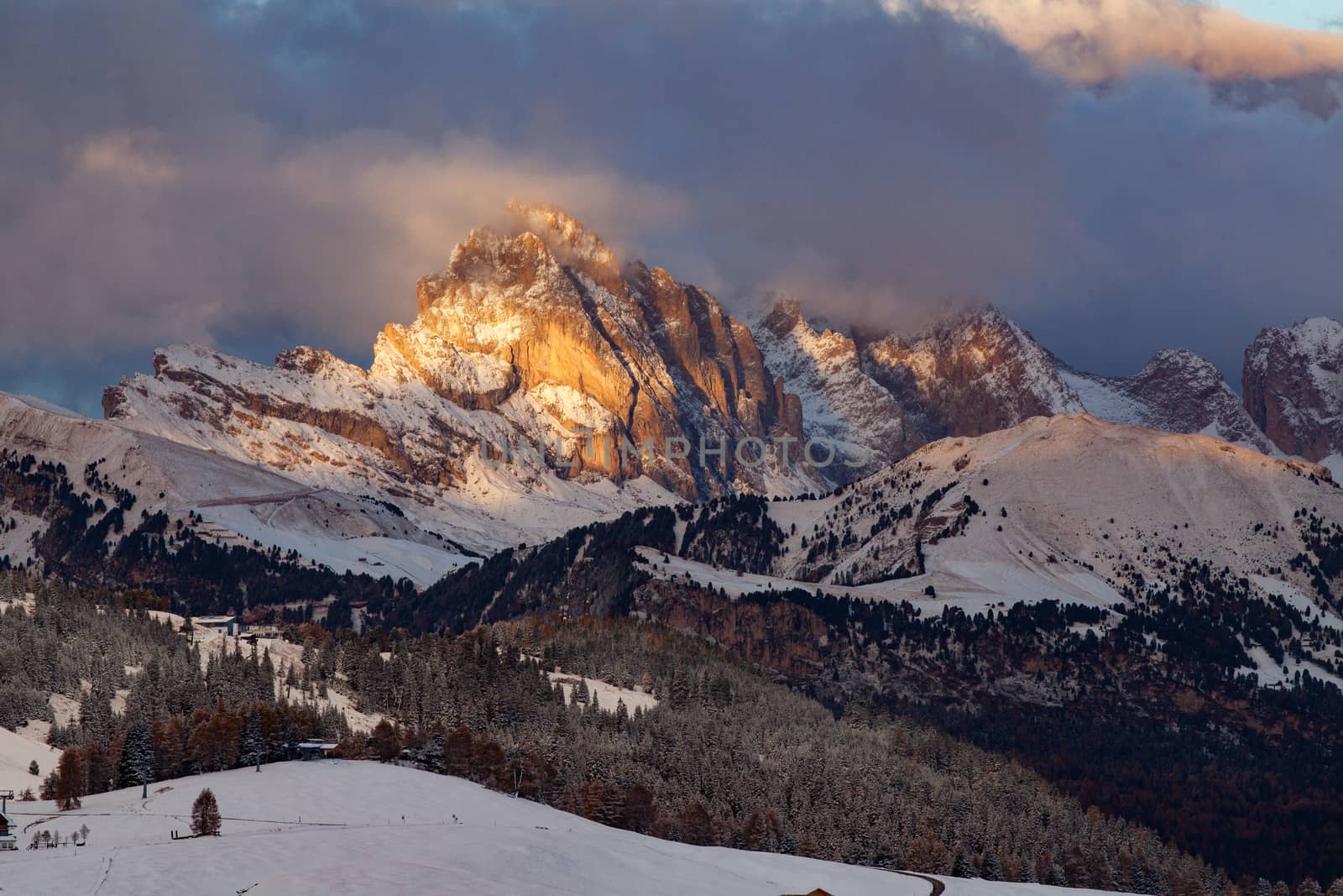 snowy early winter landscape in Alpe di Siusi.  Dolomites,  Italy - winter holidays destination 