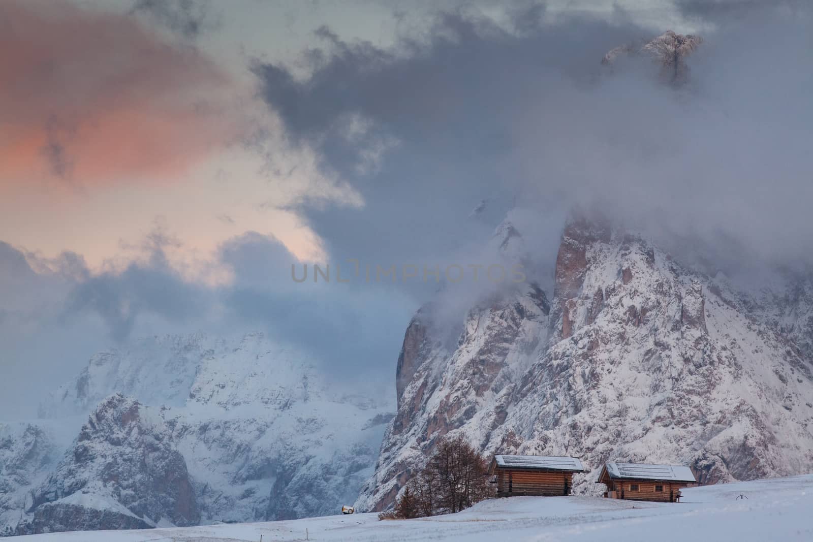 snowy early winter landscape in Alpe di Siusi.  Dolomites,  Ital by melis