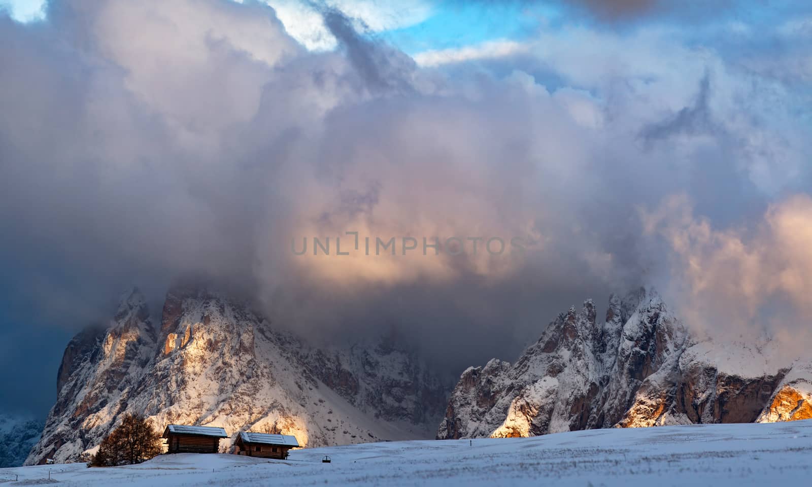 snowy early winter landscape in Alpe di Siusi.  Dolomites,  Italy - winter holidays destination 