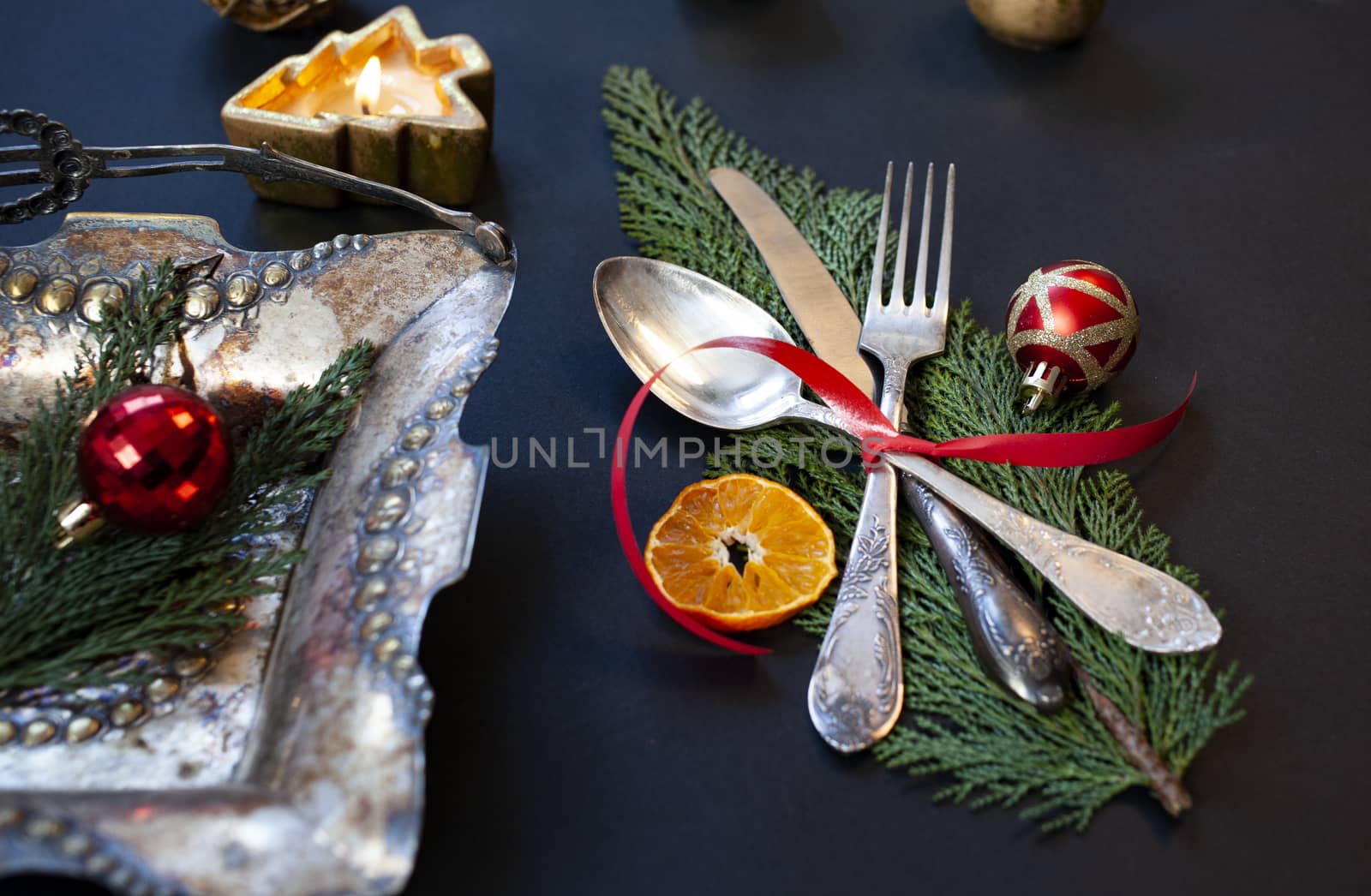 flat lay of festive Christas table arrangement with silverware