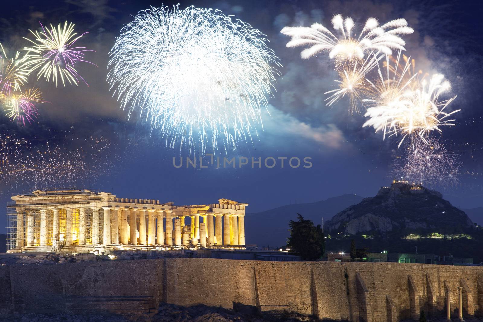 fireworks over Athens, Acropolis and the Parthenon, Attica, Greece - New Year destination