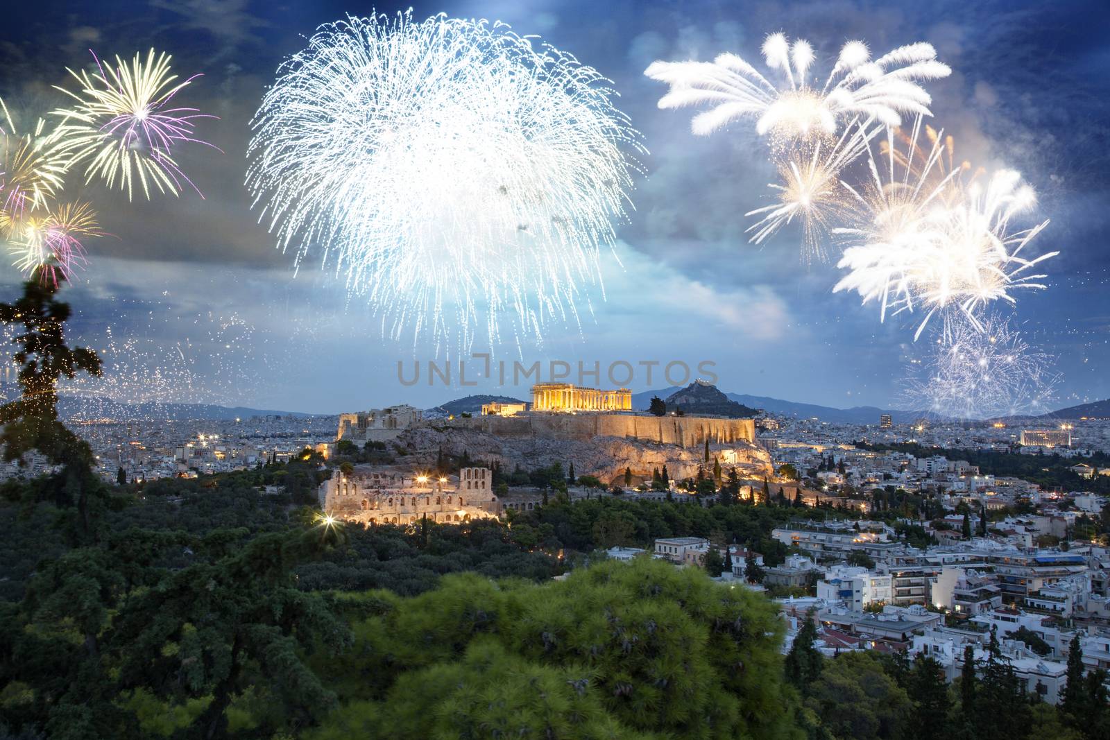 fireworks over Athens, Acropolis and the Parthenon, Attica, Greece - New Year destination