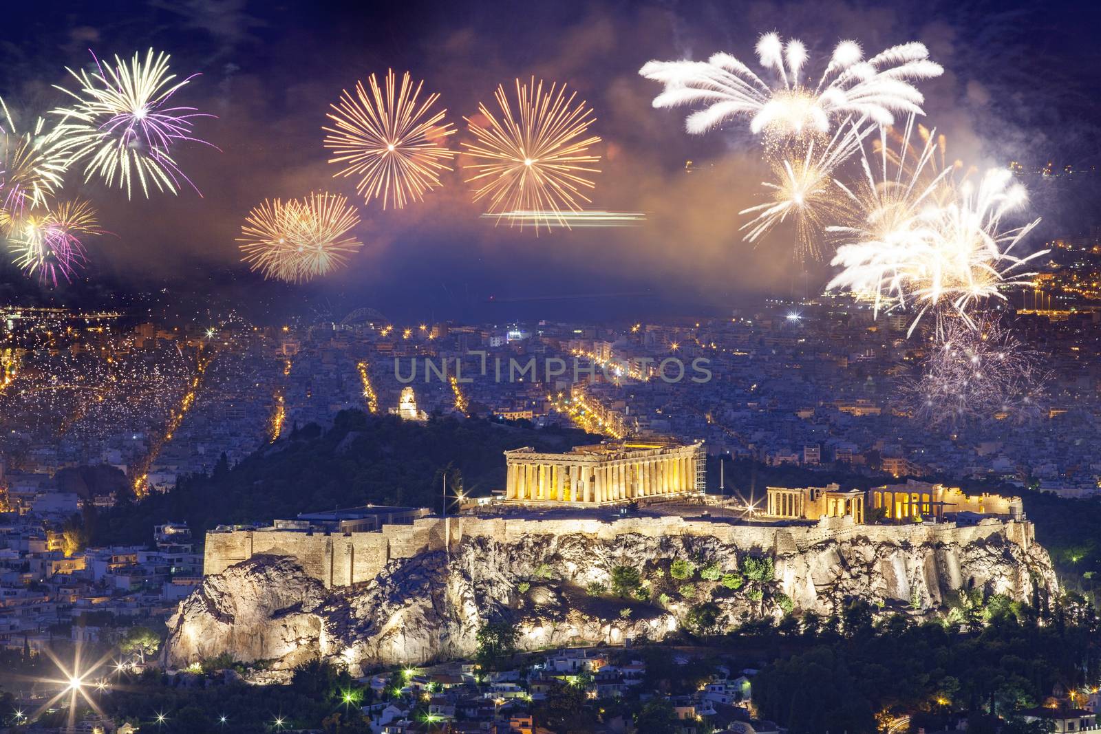 fireworks over Athens, Acropolis and the Parthenon, Attica, Gree by melis