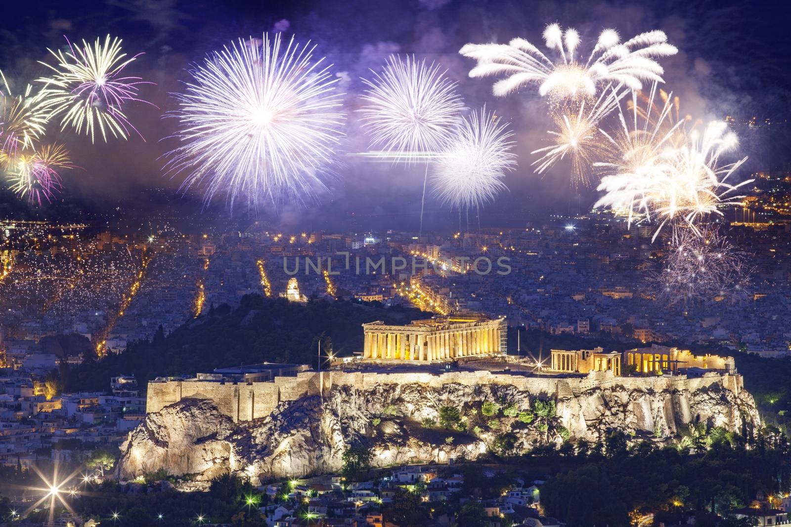 fireworks over Athens, Acropolis and the Parthenon, Attica, Gree by melis