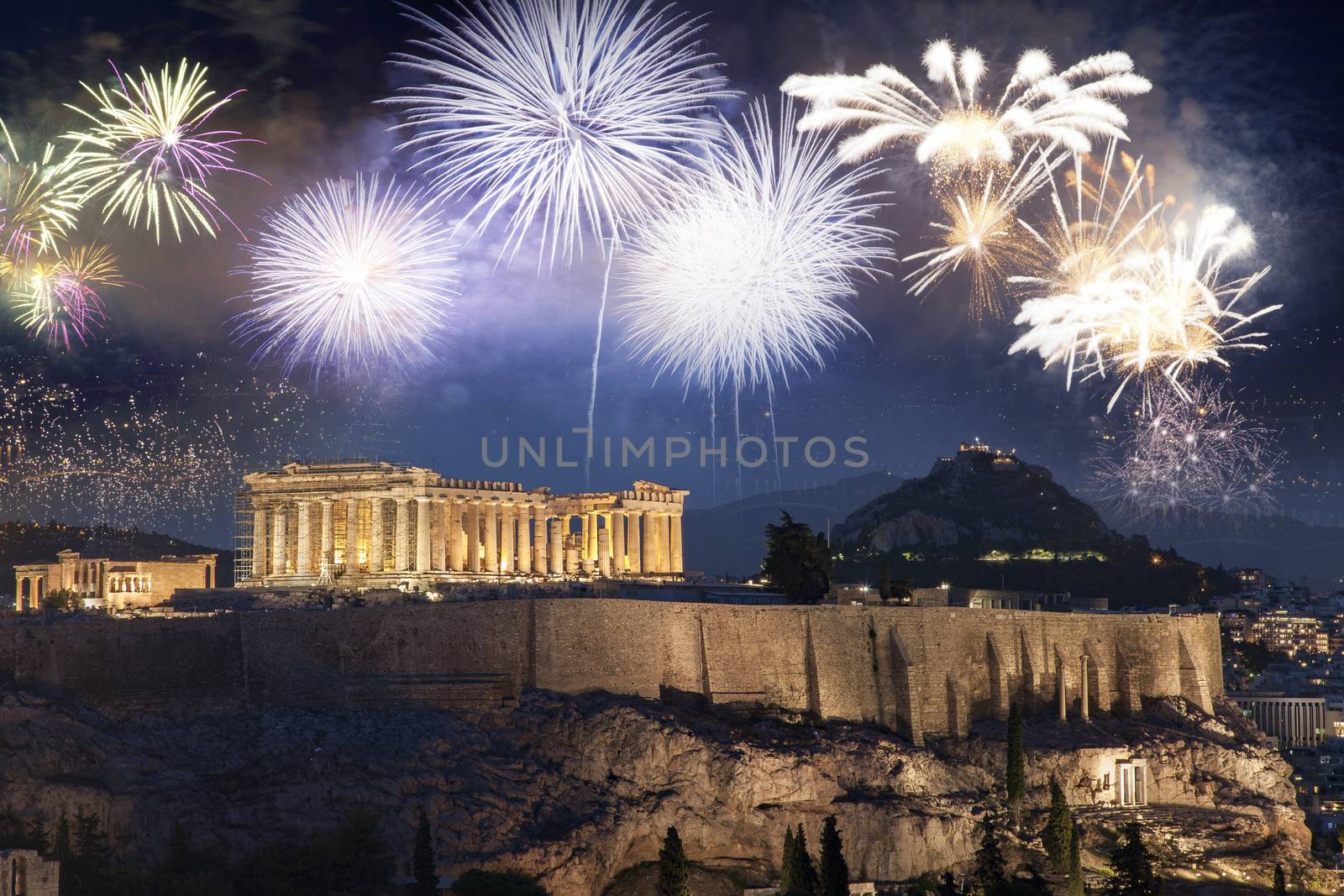 fireworks over Athens, Acropolis and the Parthenon, Attica, Greece - New Year destination