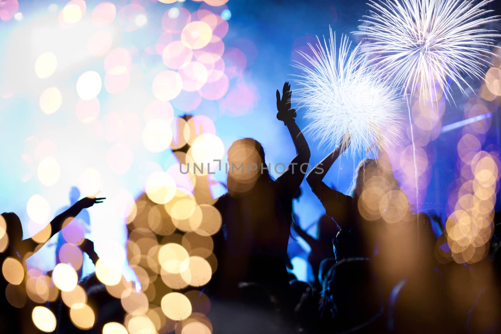 crowd watching fireworks - New Year celebrations- abstract holiday background