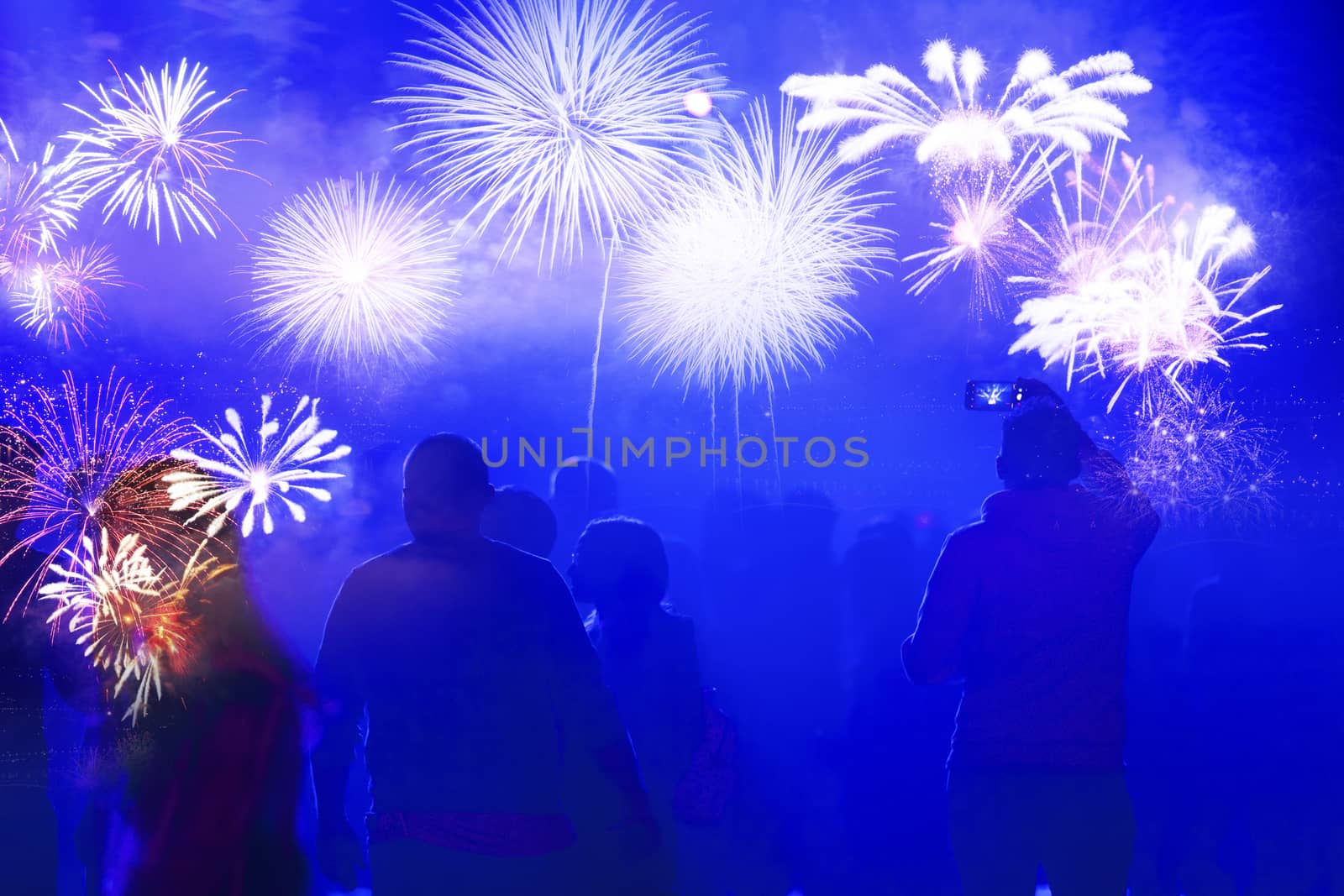 crowd watching fireworks - New Year celebrations- abstract holiday background