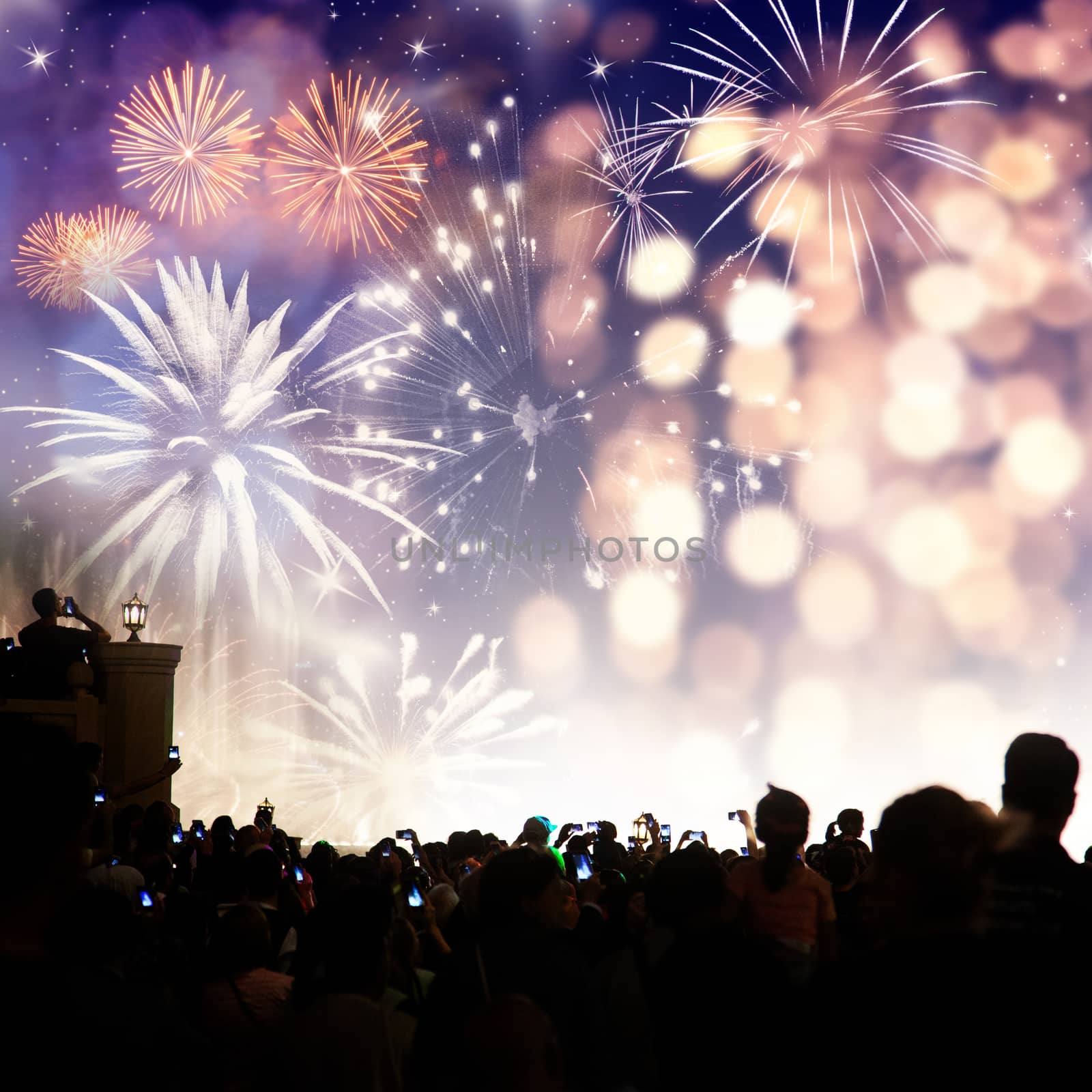 crowd watching fireworks - New Year celebrations- abstract holiday background