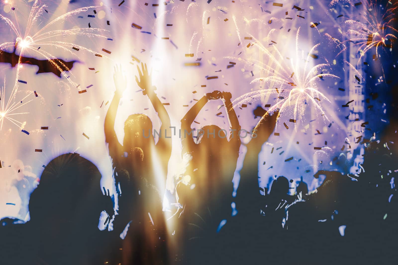 crowd watching fireworks - New Year celebrations- abstract holiday background