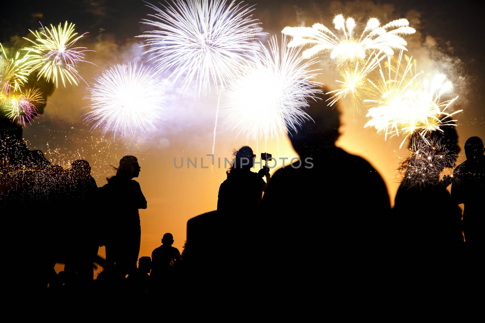 crowd watching fireworks - New Year celebrations- abstract holiday background