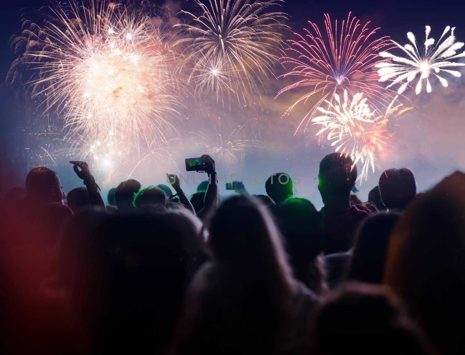 cheering crowd with raised hands at concert - music festival