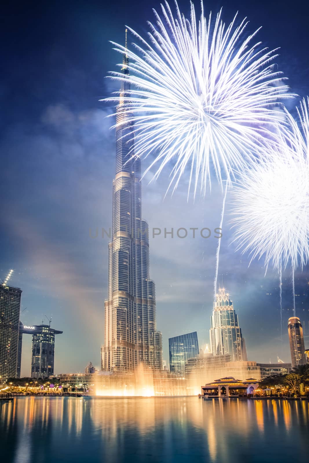 fireworks around Burj Khalifa - exotic New Year destination, Dubai, UAE