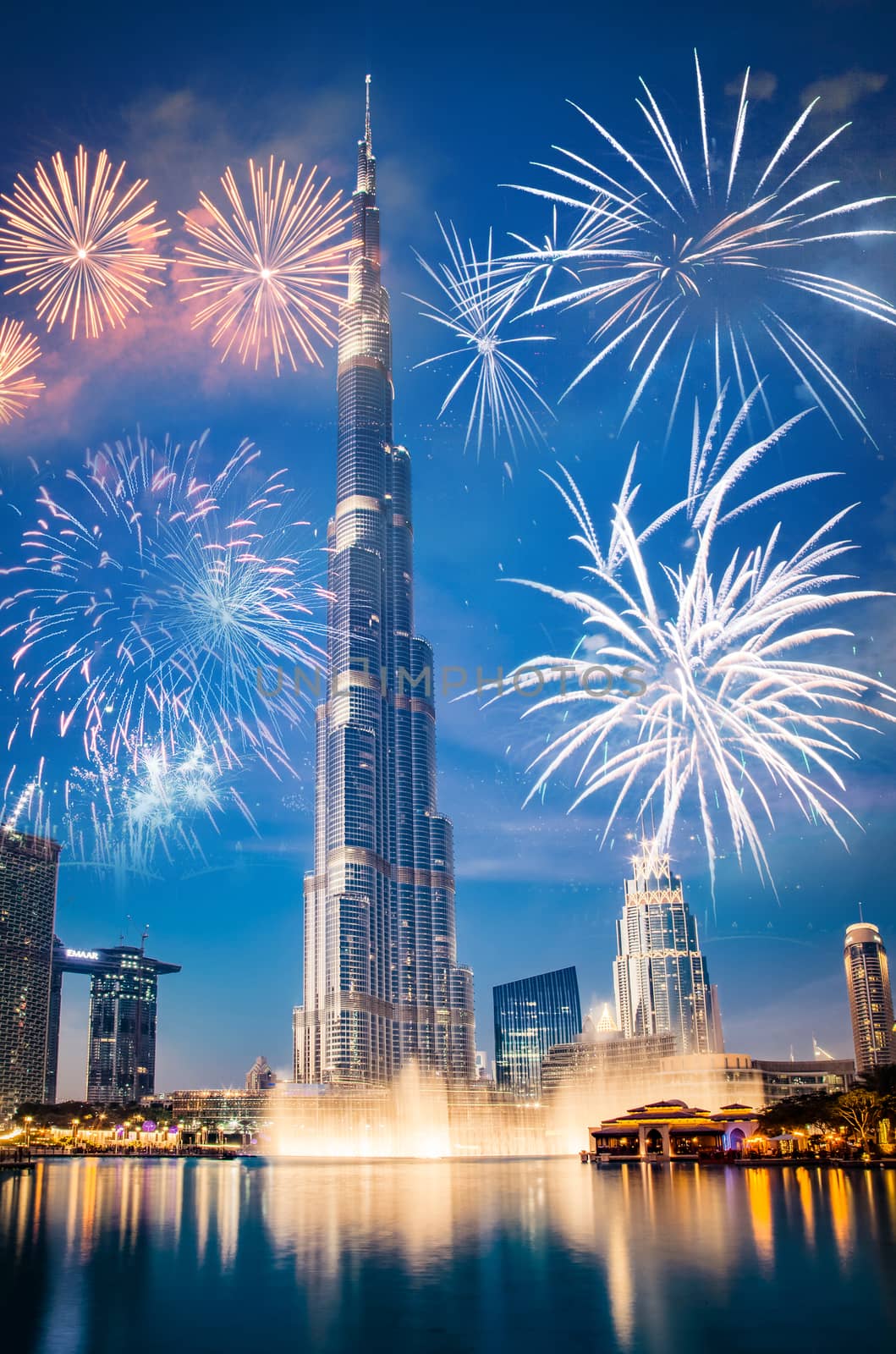 fireworks around Burj Khalifa - exotic New Year destination, Dubai, UAE