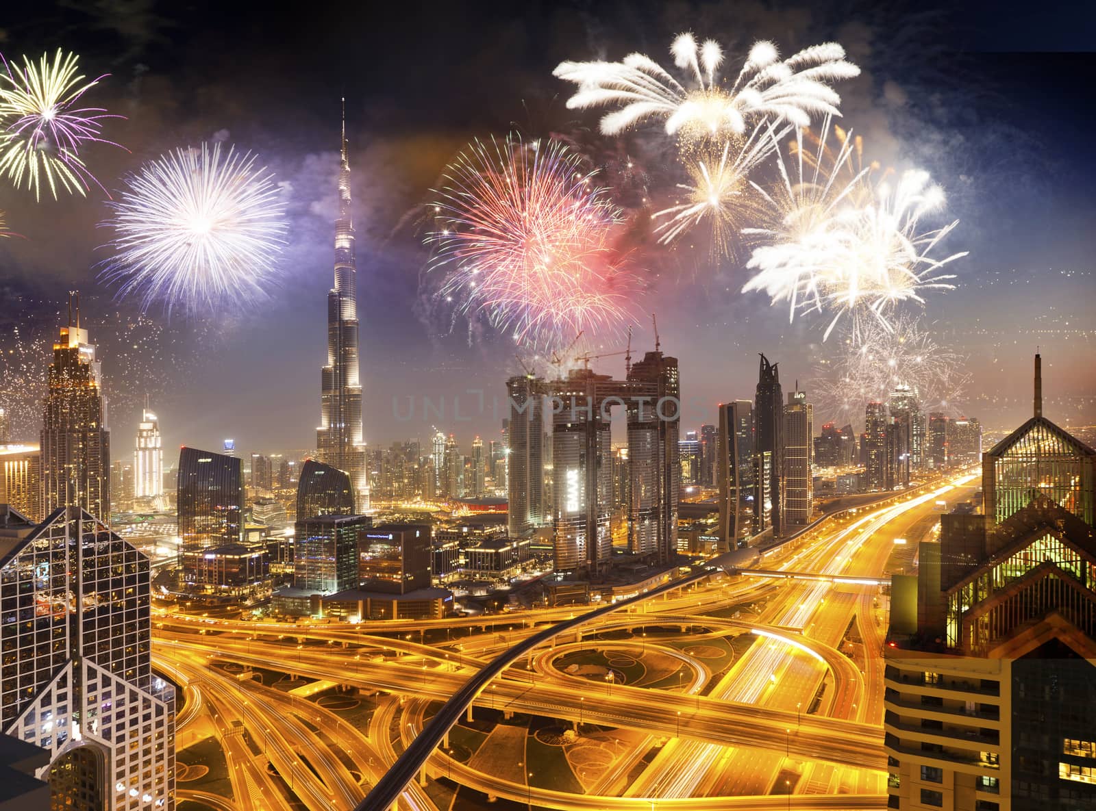 fireworks around Burj Khalifa - exotic New Year destination, Dubai, UAE