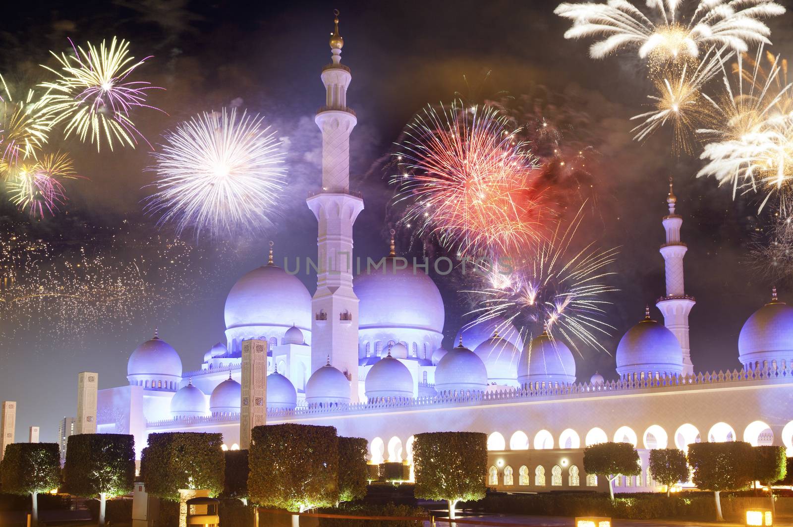 fireworks display at Sheikh Zayed White Mosque.  Abu Dhabi  UAE