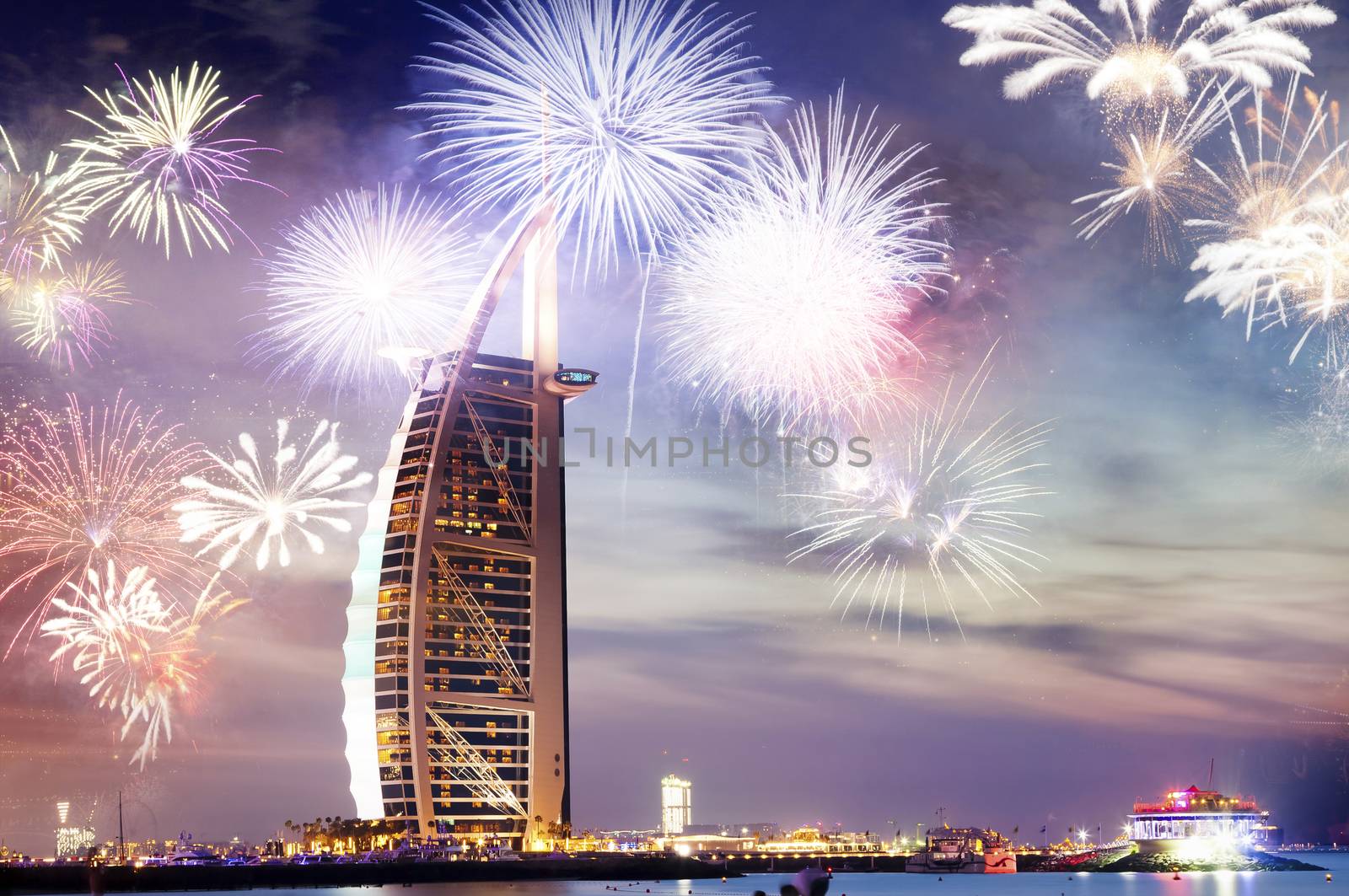 fireworks around Burj Al Arab - exotic New Year destination, Dubai, UAE