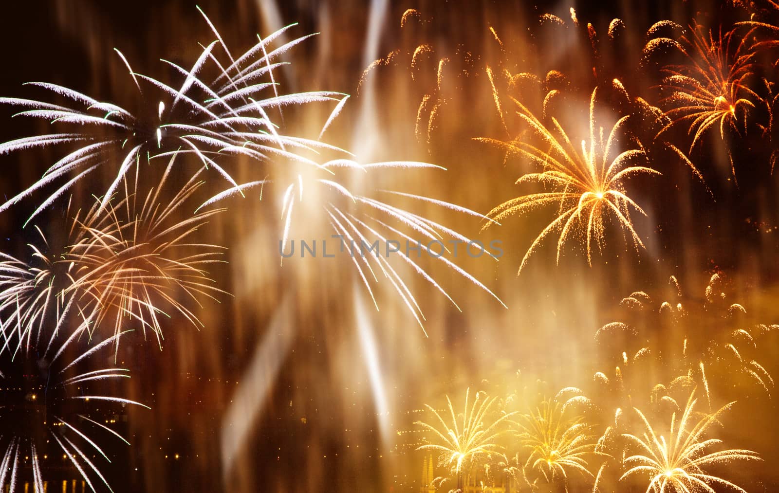 beautiful colorful fireworks at New Year and copy space - abstract holiday background