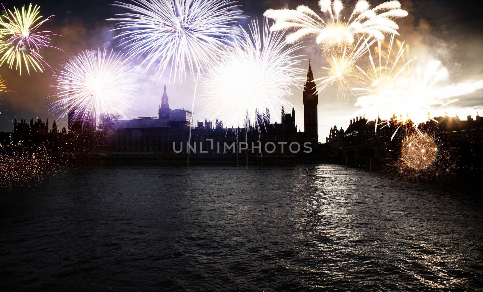  fireworks over Big Ben - new year celebrations in London, UK