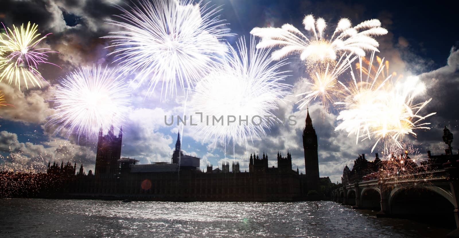  fireworks over Big Ben - new year celebrations in London, UK
