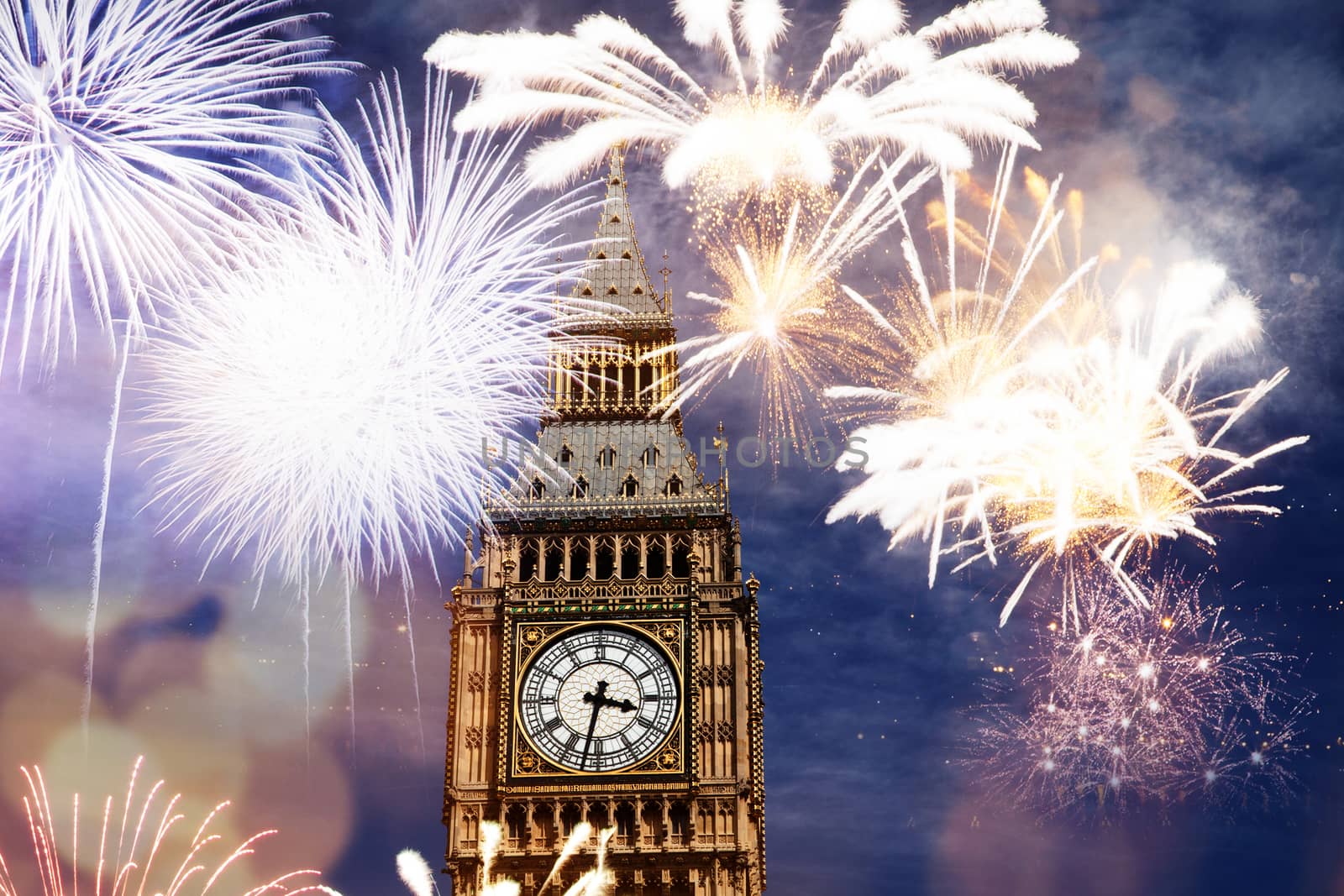  fireworks over Big Ben - new year celebrations in London, UK