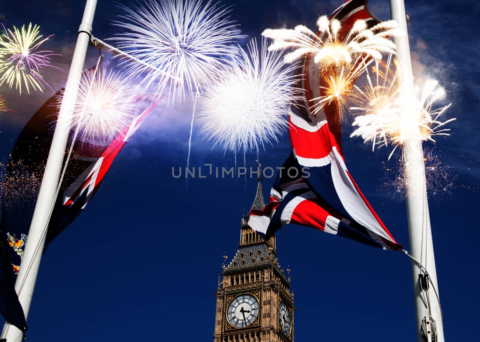  fireworks over Big Ben - new year celebrations in London, UK