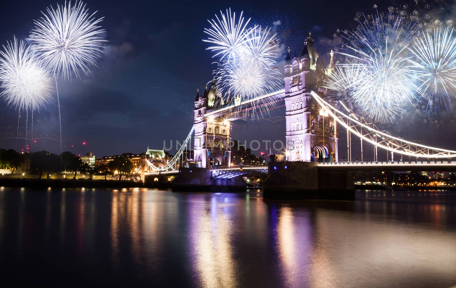 tower bridge with fireworks  celebration of the New Year in London  UK