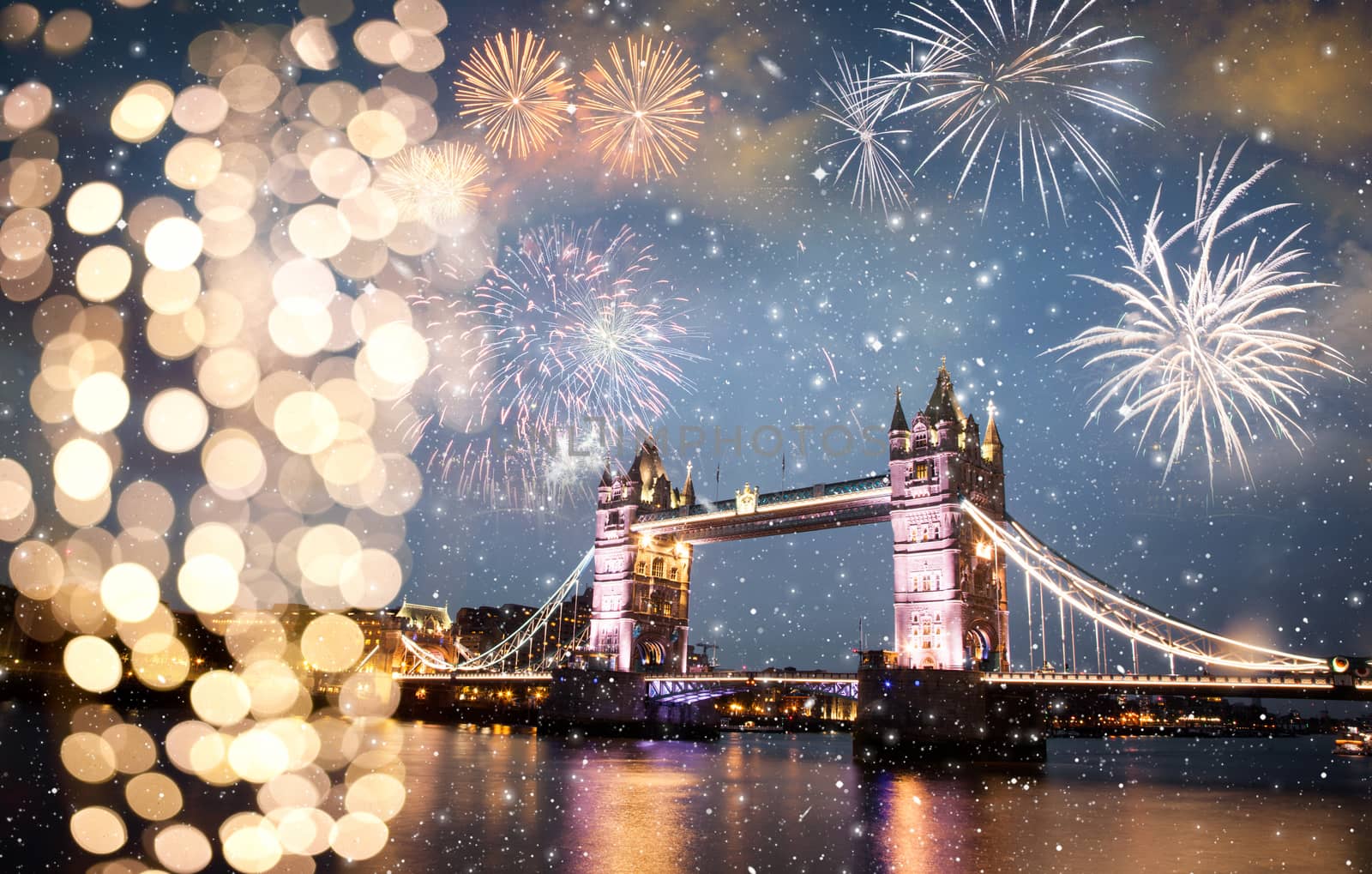 tower bridge with fireworks  celebration of the New Year in Lond by melis