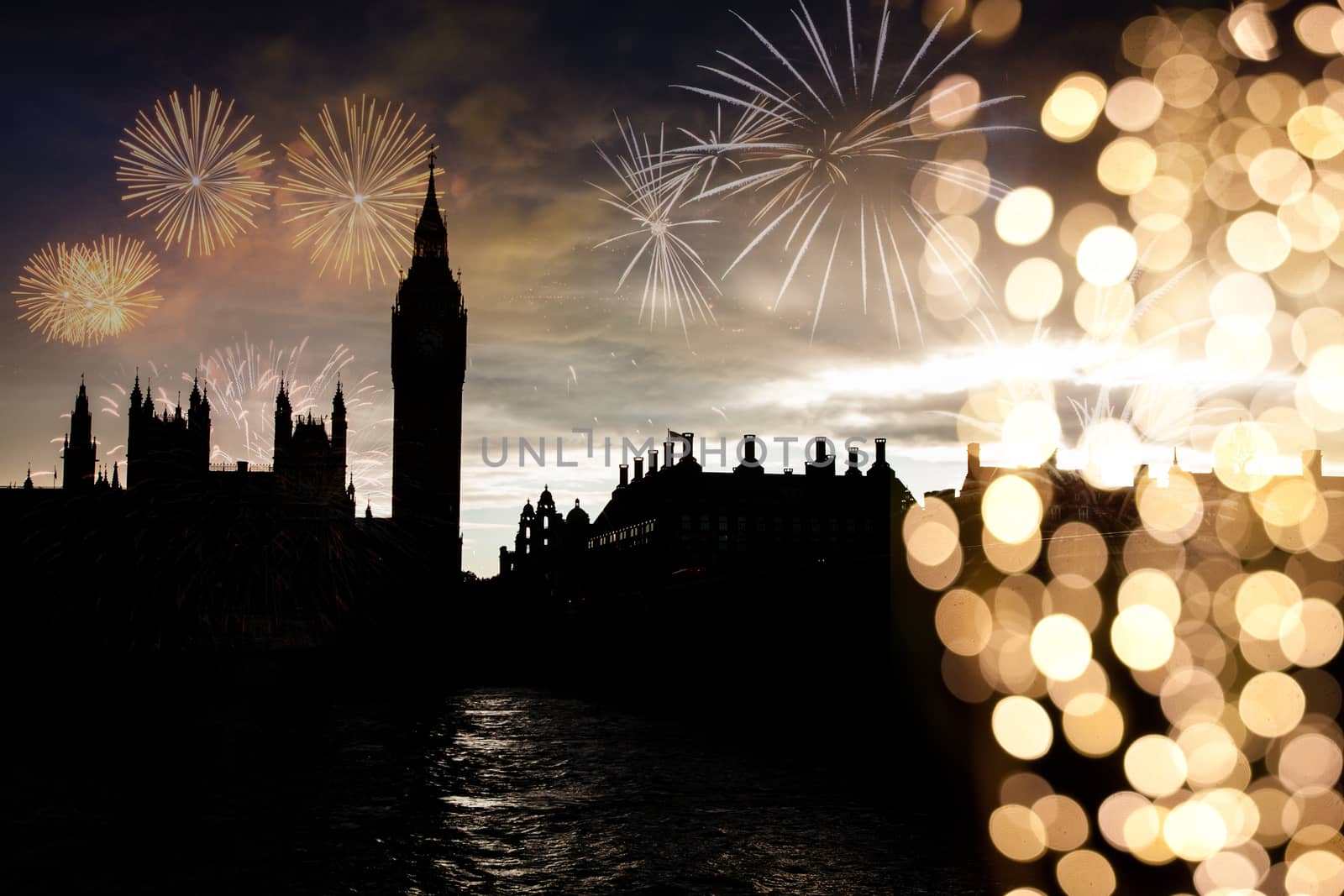 big ben with fireworks  celebration of the New Year in London  UK