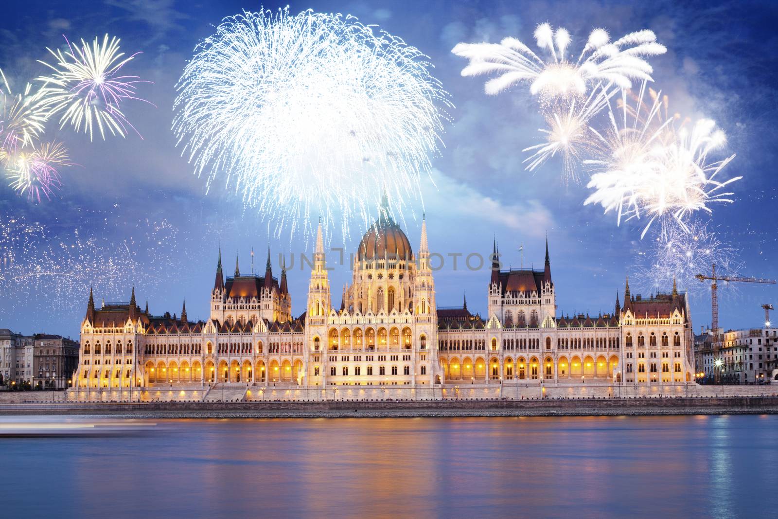 fireworks around Hungarian parliament-  New Year destination, Budapest