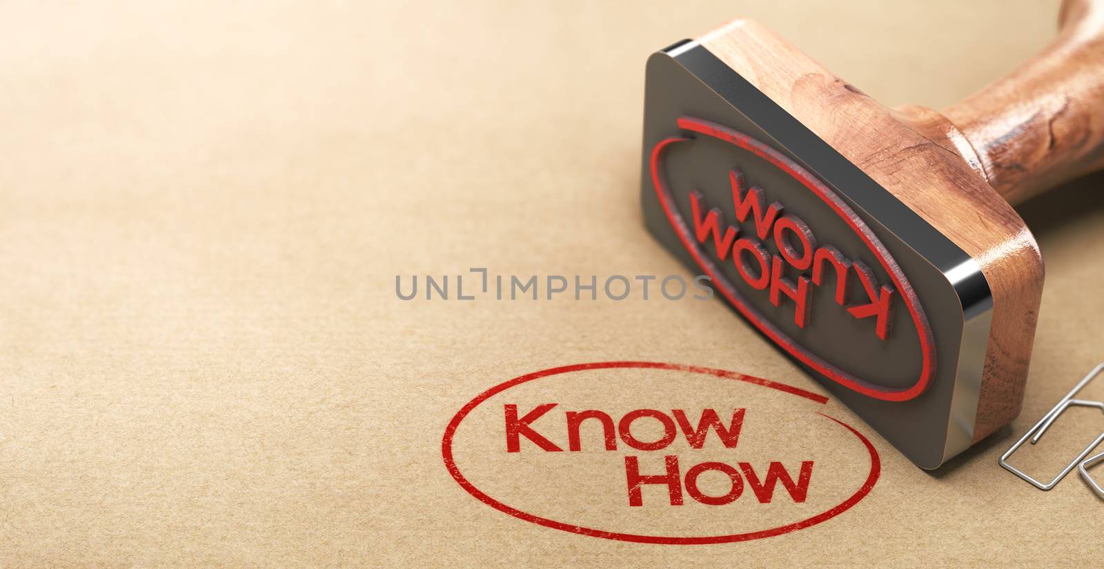 3D illustration of a rubber stamp with the text know-how printed on paper background, Skill concept.