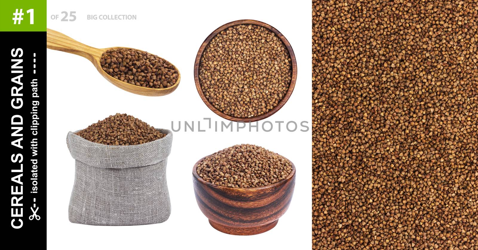 Buckwheat seeds in different dishware isolated on white background, collection by xamtiw