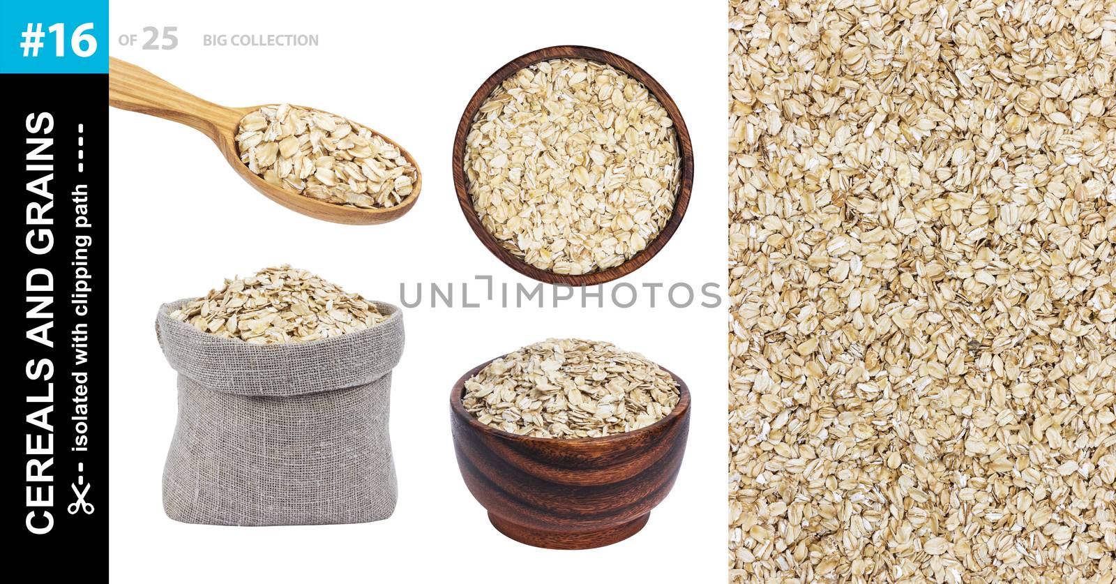 Oat flakes in different dishware isolated on white background, collection by xamtiw