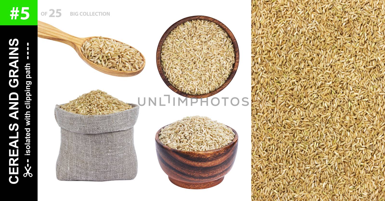 Brown rice in different dishware isolated on white background, brown rice grains in bowl, spoon and bag, collection