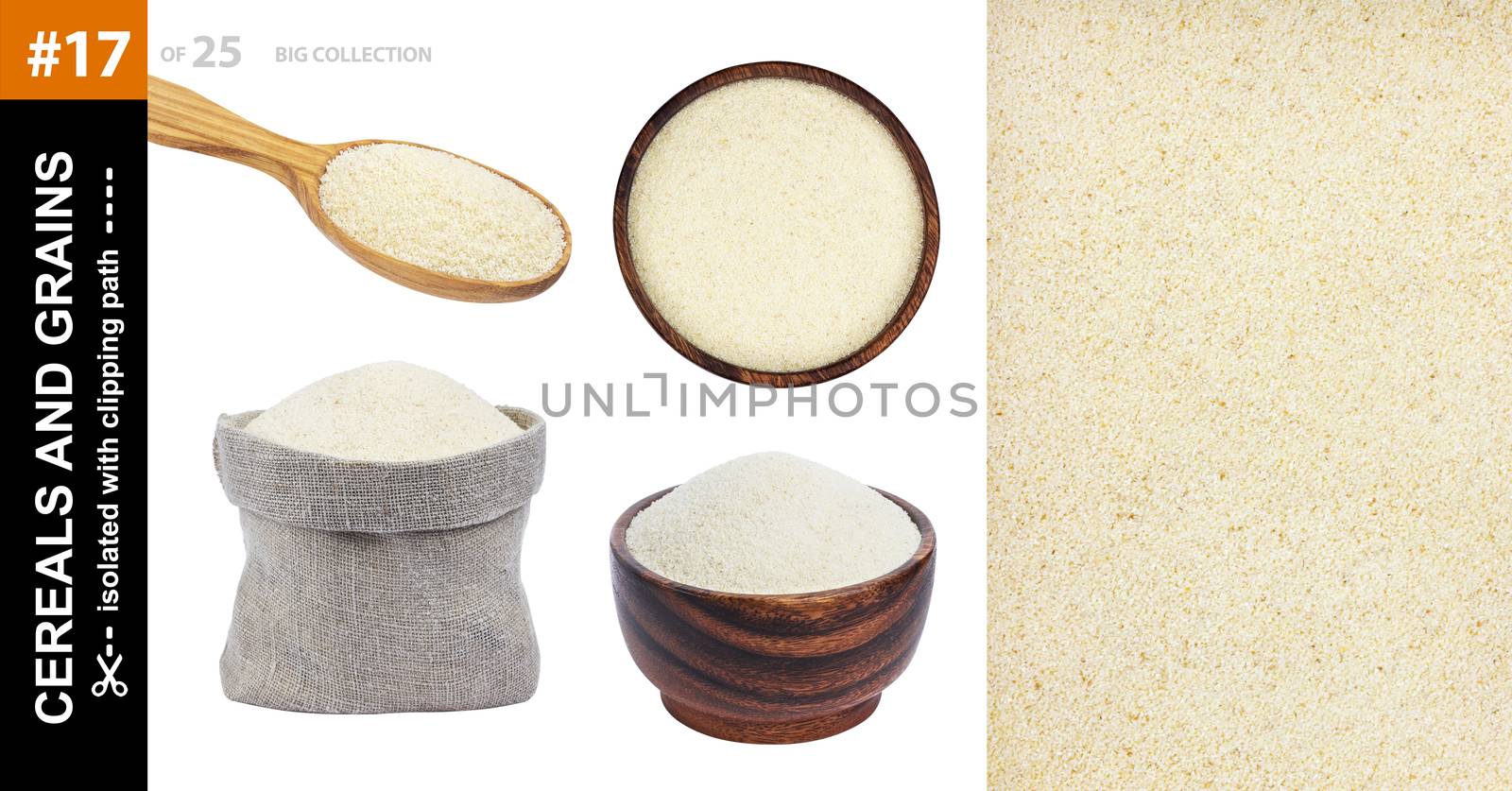 Semolina in different dishware isolated on white background, collection by xamtiw