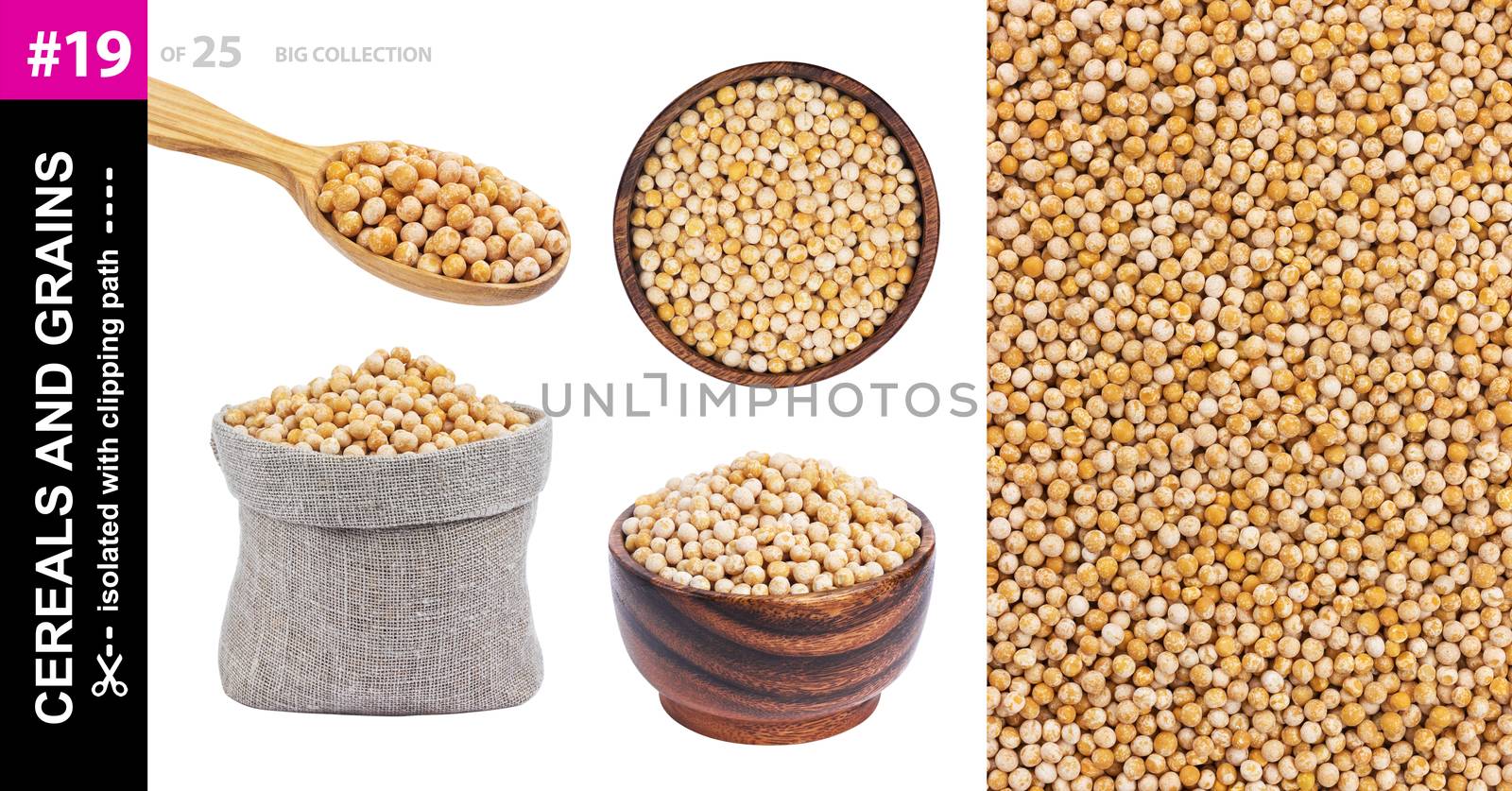 Dry peas in different dishware isolated on white background, pea in bowl, spoon and bag, collection