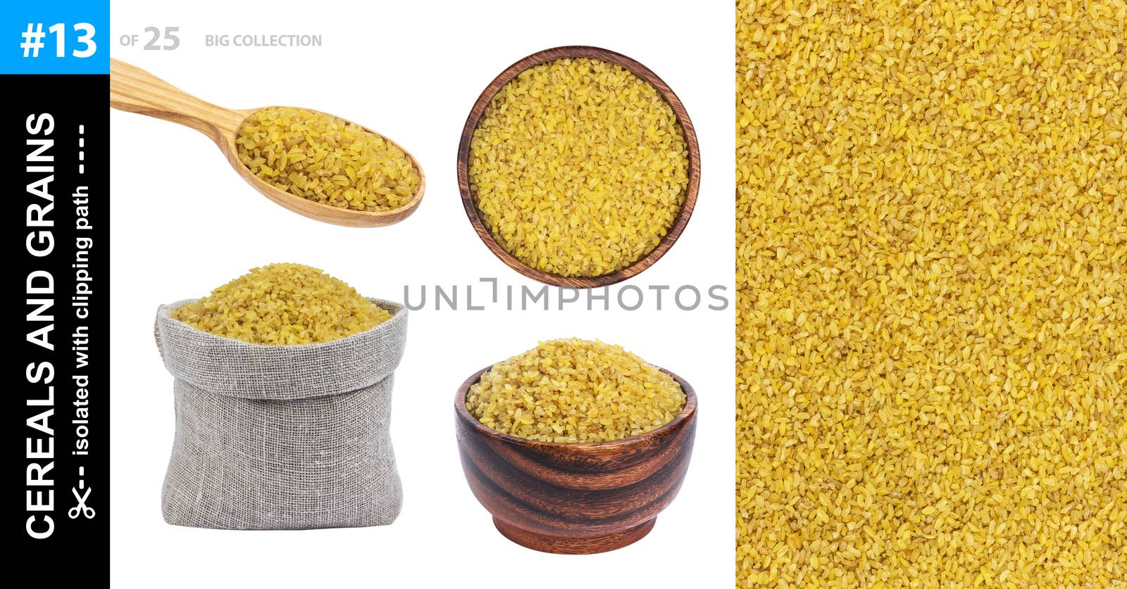 Bulgur in different dishware isolated on white background, bulgur grains in bowl, spoon and bag, collection