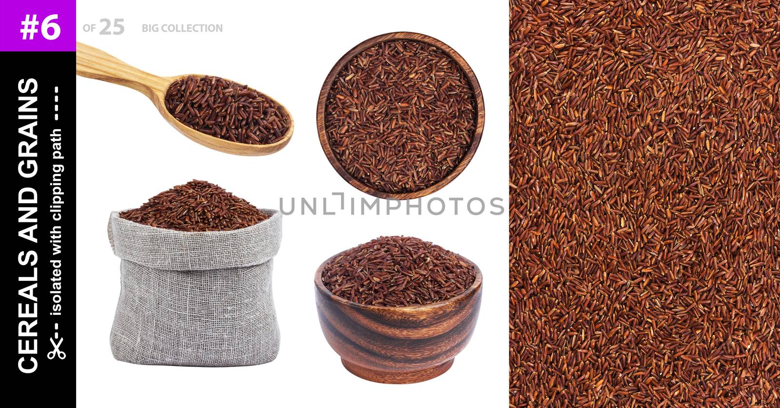 Red rice in different dishware isolated on white background, collection, red rice in bowl, spoon and bag, collection