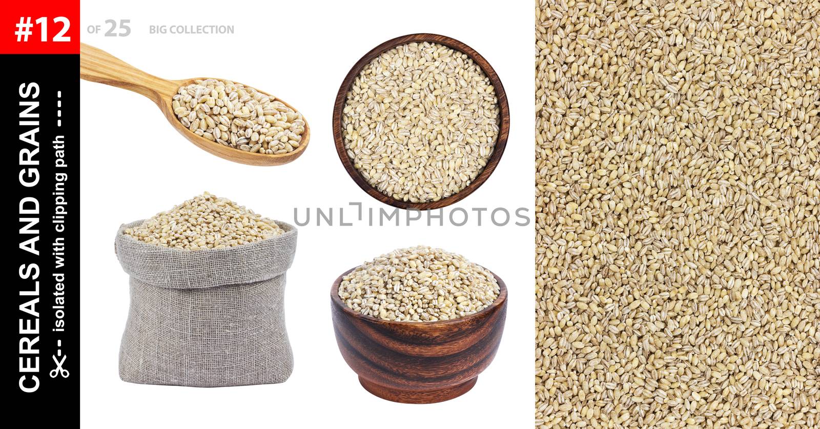 Pearl barley in different dishware isolated on white background, pearl barley grains in bowl, spoon and bag, collection